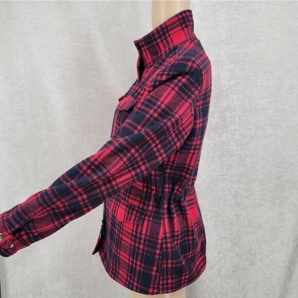 Levi's Red Black Plaid Wool Blend Cinch Waist Jacket Coat Women's XS Cabincore - Picture 4 of 11